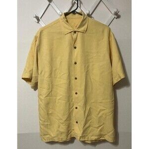 Tommy Bahama Mens Large Yellow Gold 100% Silk Floral Shirt Cursive Neck Label